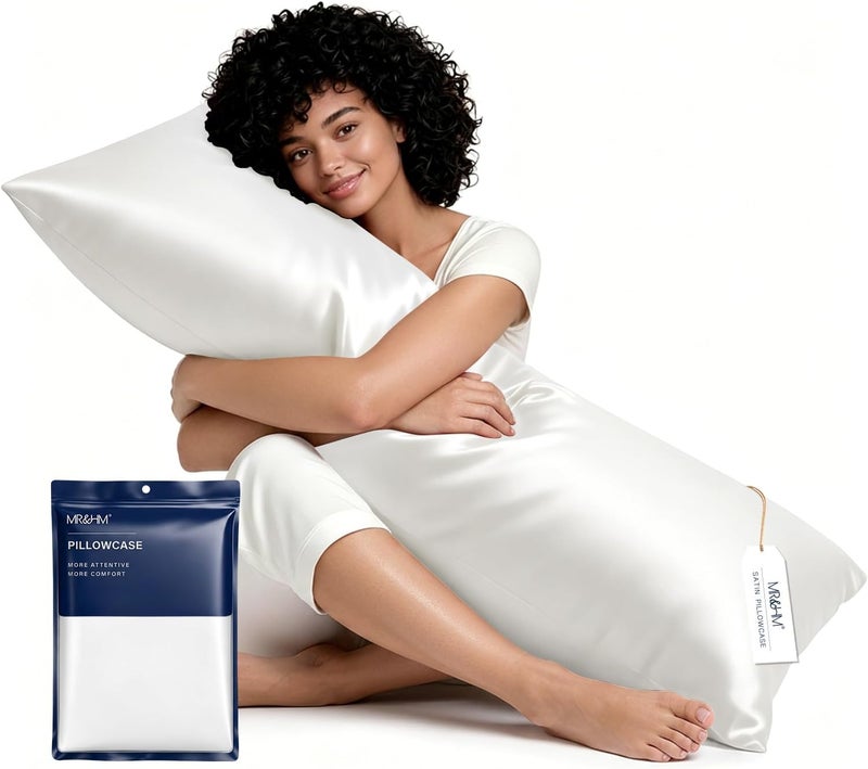 MR&HM Satin Body Pillow Cover, Soft and Breathable Body Pillow Case with Envelope Closure, Cooling and Silky Long Pillowcase for Hair and Skin,Grey (20x54, Ivory) - Image 1