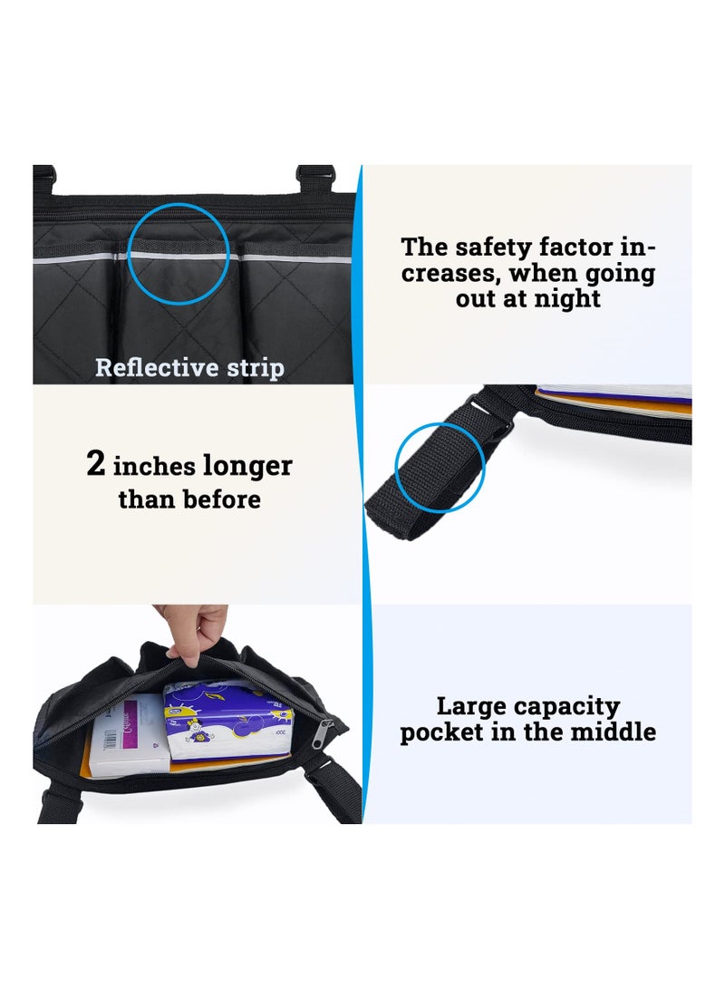 Wheelchair Bag with Pockets, Universal Waterproof Armrest Side Bag for Home, Outdoor, Baby Cart, Black