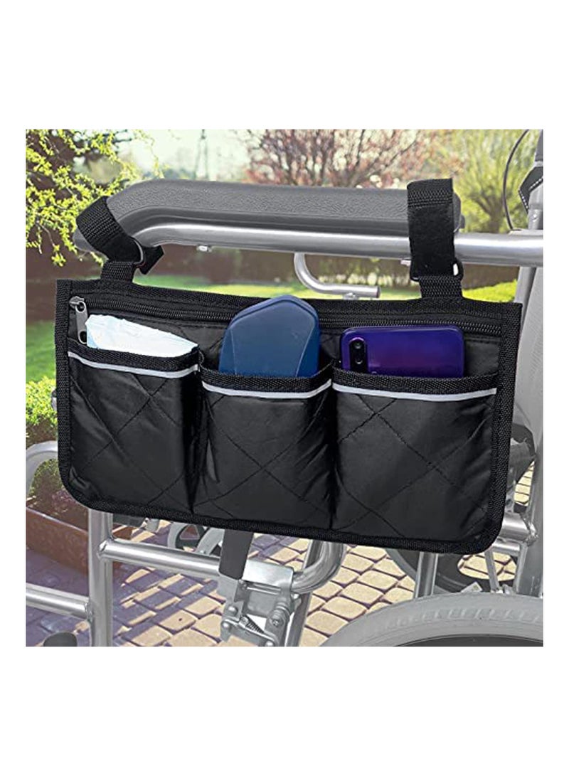 Wheelchair Bag with Pockets, Universal Waterproof Armrest Side Bag for Home, Outdoor, Baby Cart, Black