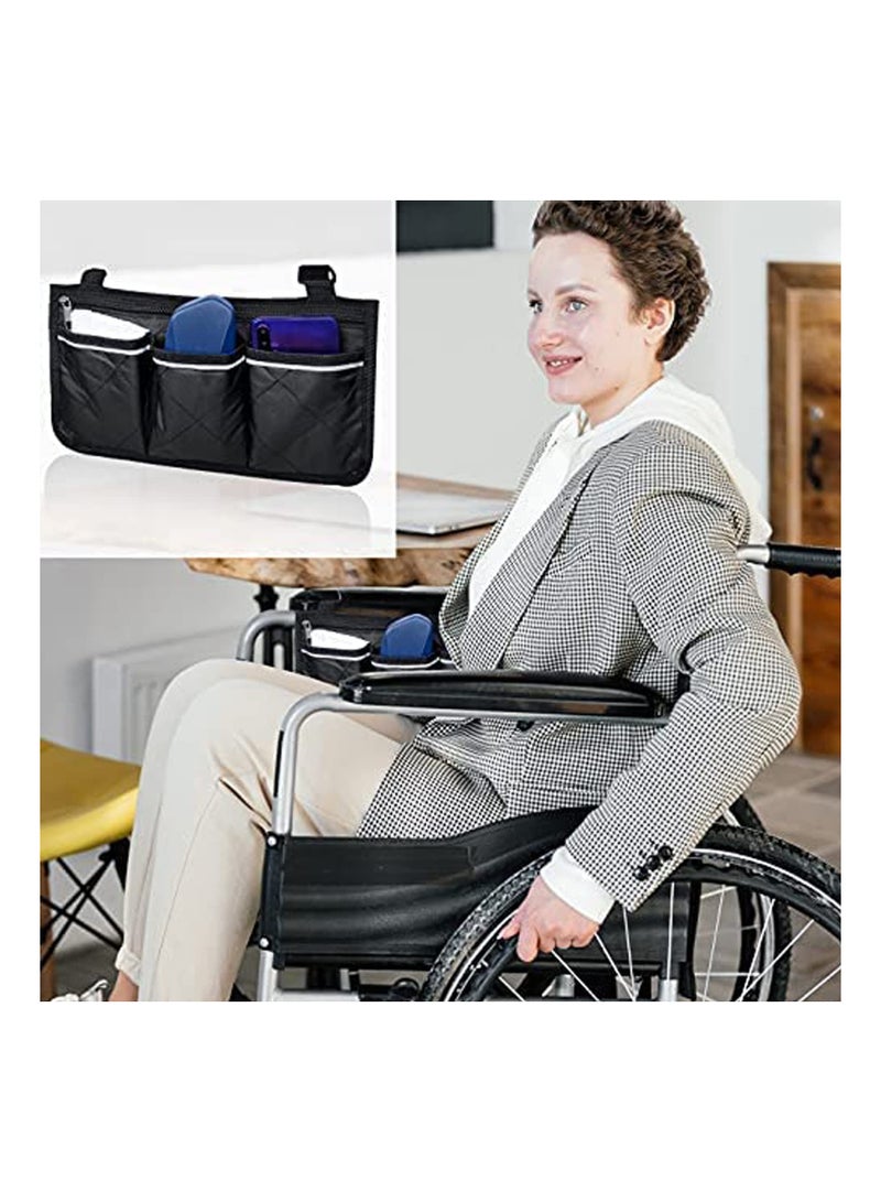 Wheelchair Bag with Pockets, Universal Waterproof Armrest Side Bag for Home, Outdoor, Baby Cart, Black