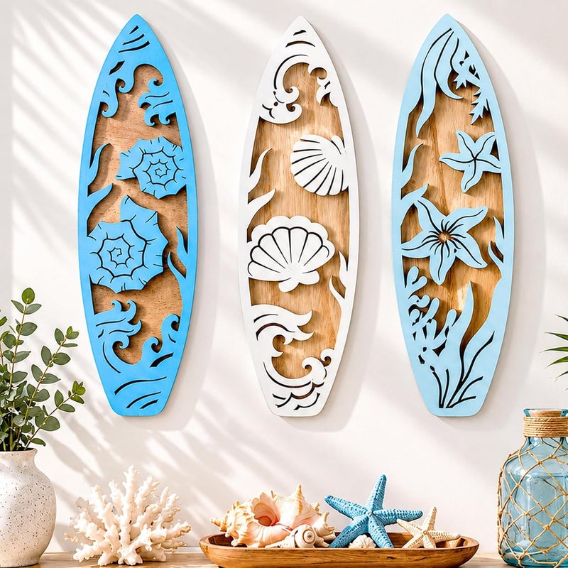 Sliner مجموعة زينة حائط سيرف بورد شاطئ المحيط مكونة من 3 قطع لغرفة النوم، مقاس 11.8 × 3.35 بوصة، بتصميم هاواي الساحلي من الخشب المعلق، مع أصداف بحرية ونجم البحر ومحارة، ديكور غرفة بحري أزرق شاطئي، هدية مناسبة لحفلات العطلة الصيفية. - Image 1