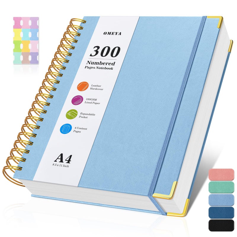 OMEYA Spiral Notebook 8.5" x 11", 300 Numbered Pages Notebooks College Ruled with Tabs, Hardcover Leather Lined Journal for Women Men, 100GSM Thick Journals for Writing, Large A4 Notebooks for Work School - Image 1