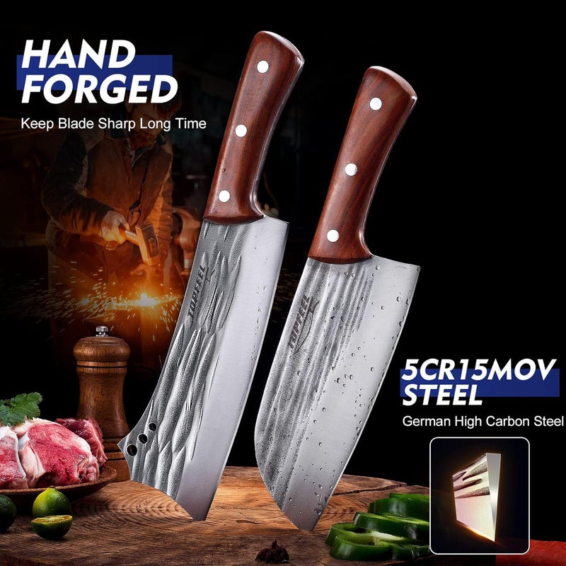 TopFeel 2PCS Meat Cleaver & Heavy Duty Bone Chopper Knife Set, Hand Forged German High Carbon Stainless Steel Butcher Knife for Home Kitchen & Outdoor - Image 4