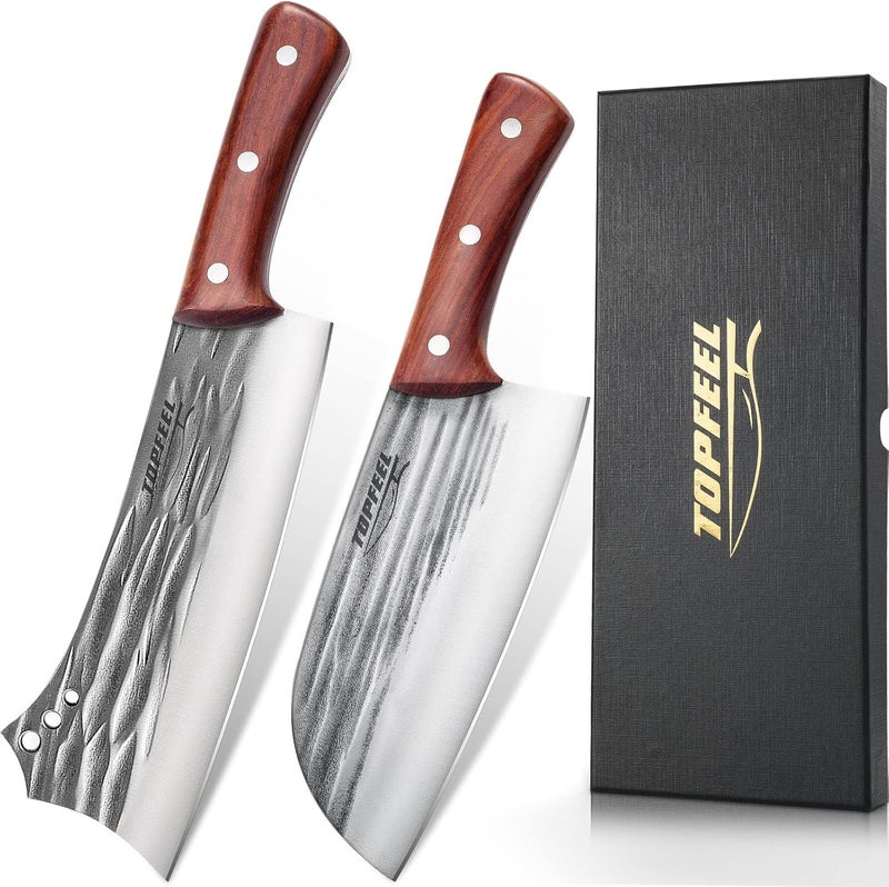 TopFeel 2PCS Meat Cleaver & Heavy Duty Bone Chopper Knife Set, Hand Forged German High Carbon Stainless Steel Butcher Knife for Home Kitchen & Outdoor - Image 1