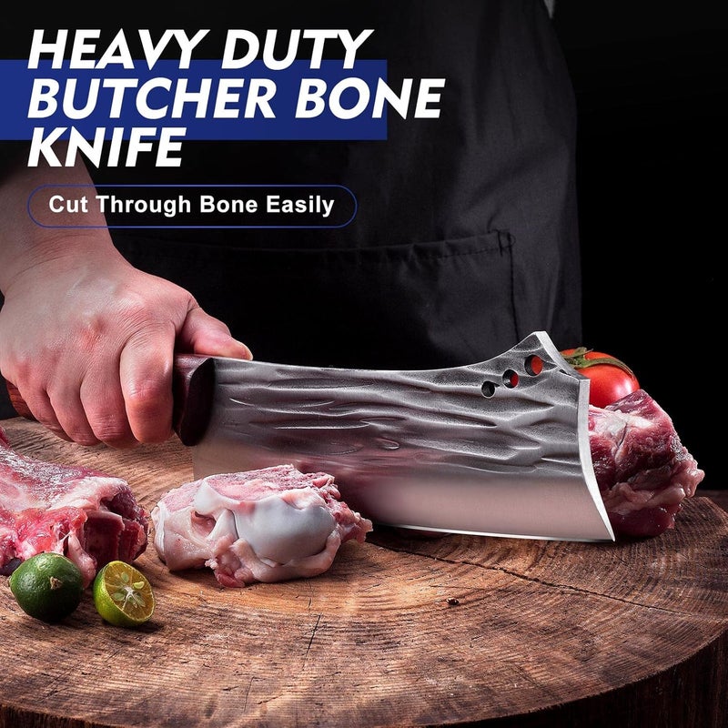 TopFeel 2PCS Meat Cleaver & Heavy Duty Bone Chopper Knife Set, Hand Forged German High Carbon Stainless Steel Butcher Knife for Home Kitchen & Outdoor - Image 3