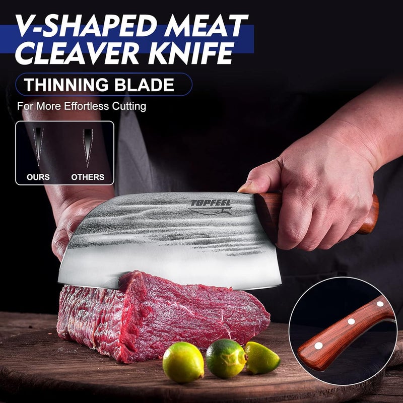 TopFeel 2PCS Meat Cleaver & Heavy Duty Bone Chopper Knife Set, Hand Forged German High Carbon Stainless Steel Butcher Knife for Home Kitchen & Outdoor - Image 2