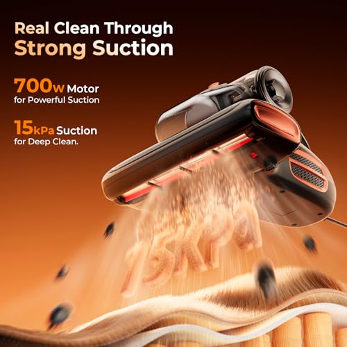 JIGOO T600 Bed Vacuum Cleaner with UVC Light 15Kpa Suction 700W Powerful Double Cup Handheld Vacuums Mattress Vacuum Cleaner with Smart Dust Sensor Ultrasonic Heating Tech HEPA Filter Corded - Image 3