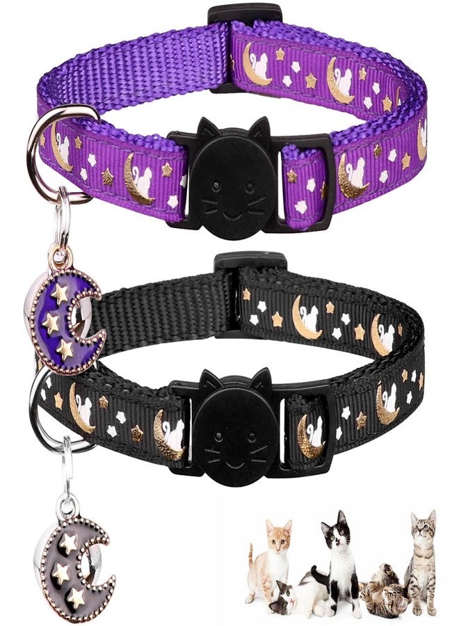 Baeuppit 2Pcs Breakaway Cats Collars Cat Collars for Boy Cats Kitten Collars with Bell & Pendant Glow in The Dark,Black+Purple - Image 1