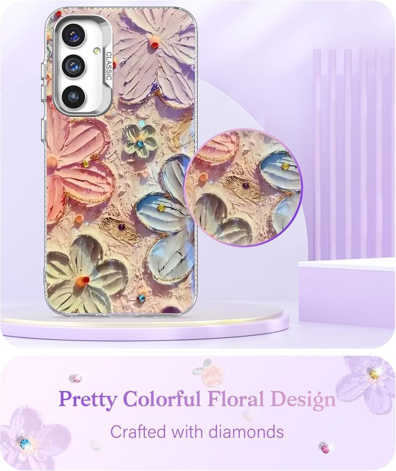 Elzzi حافظة متوافقة مع سامسونج S24 FE 5G بتصميم زهرة ليزر زيتية ملونة جميلة مع حماية كاملة للكاميرا، واقية للصدمات، غلاف لامع لفتاة وامرأة، وردي - Image 3