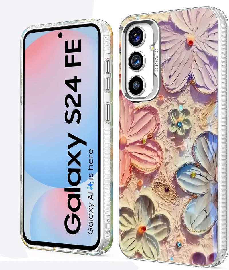 Elzzi حافظة متوافقة مع سامسونج S24 FE 5G بتصميم زهرة ليزر زيتية ملونة جميلة مع حماية كاملة للكاميرا، واقية للصدمات، غلاف لامع لفتاة وامرأة، وردي - Image 1