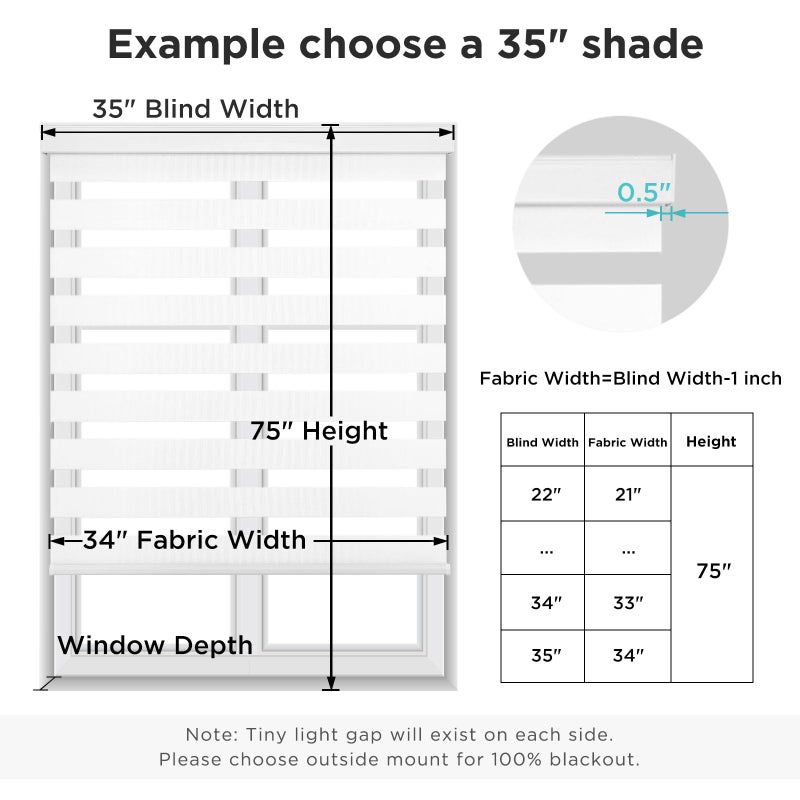 Joydeco Cordless Zebra Blinds for Windows, Dual Layer Light Control Window Blinds with Light-Proof Aluminum Cover, Free-Stop Roller Shades for Home & Office (White,34.5" W x 75" H) - Image 4