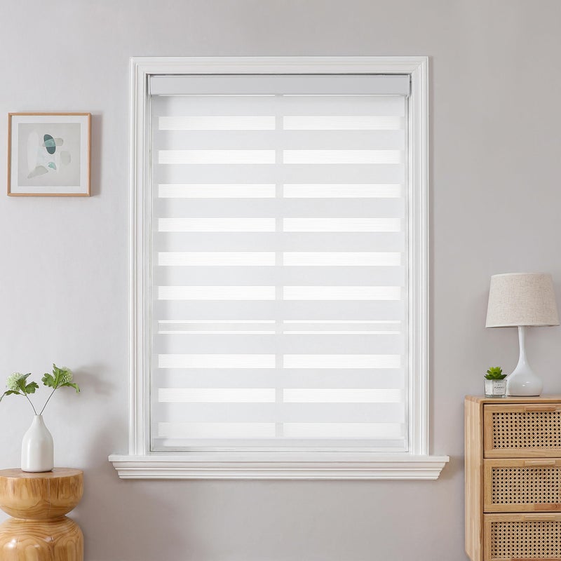 Joydeco Cordless Zebra Blinds for Windows, Dual Layer Light Control Window Blinds with Light-Proof Aluminum Cover, Free-Stop Roller Shades for Home & Office (White,34.5" W x 75" H) - Image 2
