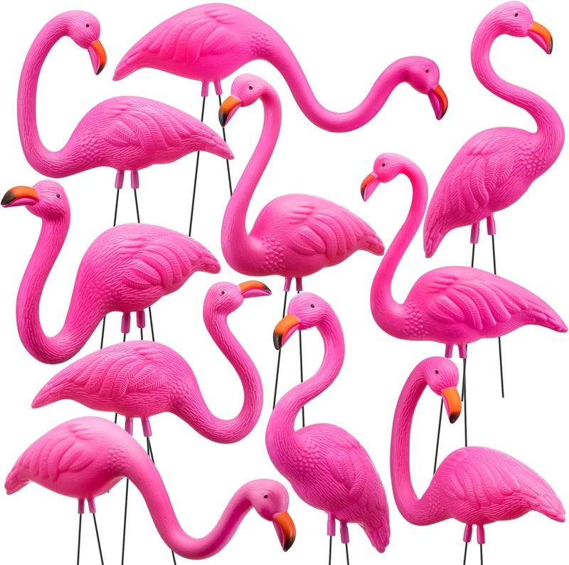 JOYIN 10 Pack Small Yard Flamingos Ornament Stakes, Mini Pink Flamingo Yard Decorations, Mini Lawn Plastic Flamingo Statue with Rubber Coating Metal Legs for Outdoor, Garden, Luau Party Gift (3-10IN) - Image 1