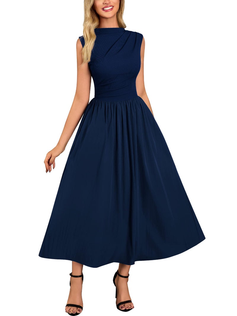 Miusol Women's Retro Half Collar Sleeveless with Pocket Casual Swing Dress (Navy Blue, Small) - Image 1