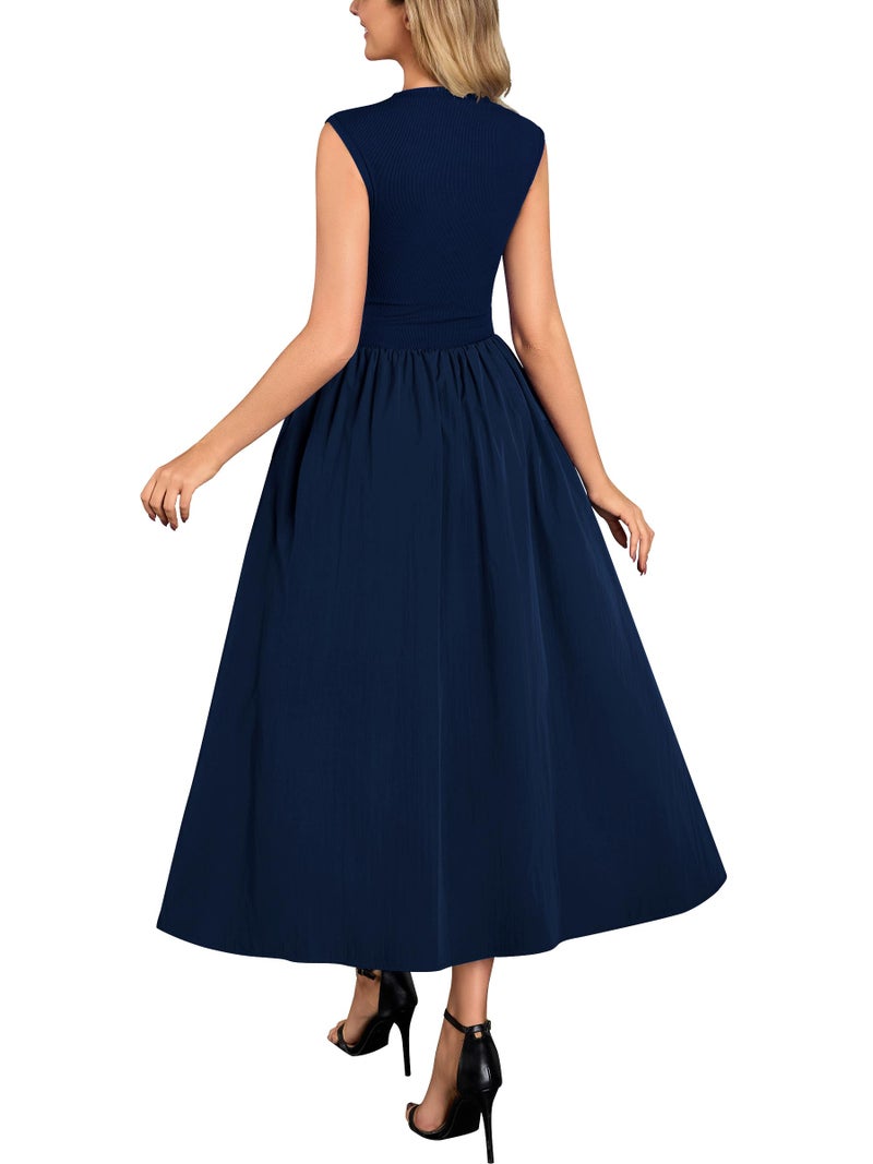 Miusol Women's Retro Half Collar Sleeveless with Pocket Casual Swing Dress (Navy Blue, Small) - Image 2