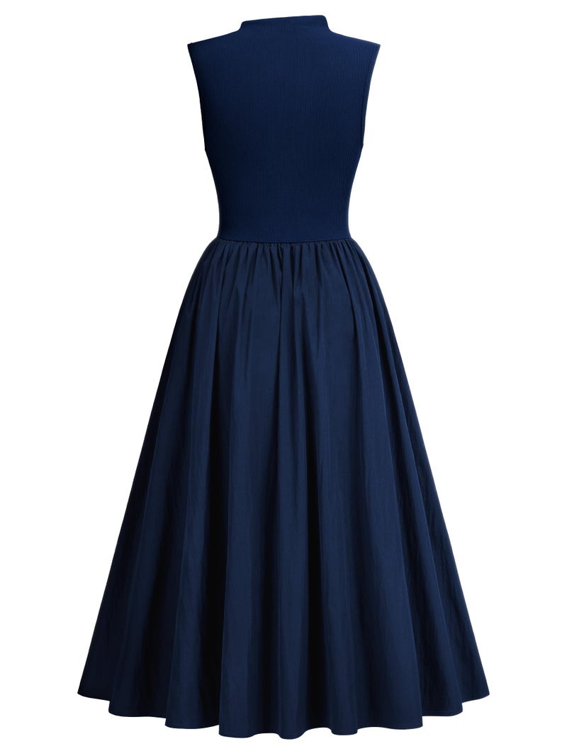 Miusol Women's Retro Half Collar Sleeveless with Pocket Casual Swing Dress (Navy Blue, Small) - Image 5