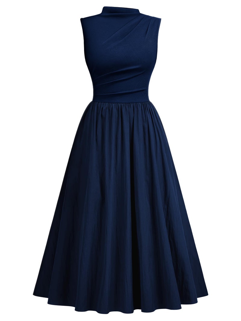 Miusol Women's Retro Half Collar Sleeveless with Pocket Casual Swing Dress (Navy Blue, Small) - Image 4