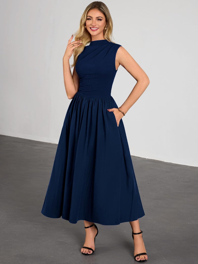Miusol Women's Retro Half Collar Sleeveless with Pocket Casual Swing Dress (Navy Blue, Small) - Image 3