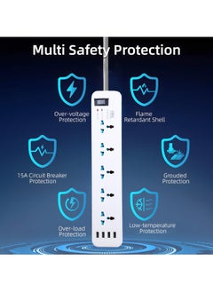 GKK Universal Extension Lead Power Socket with 5 outlets and 4 USB Ports Universal Charging Socket with 2M Bold Extension Cord Charging Station for Home Office Individually Switched  - Image 3