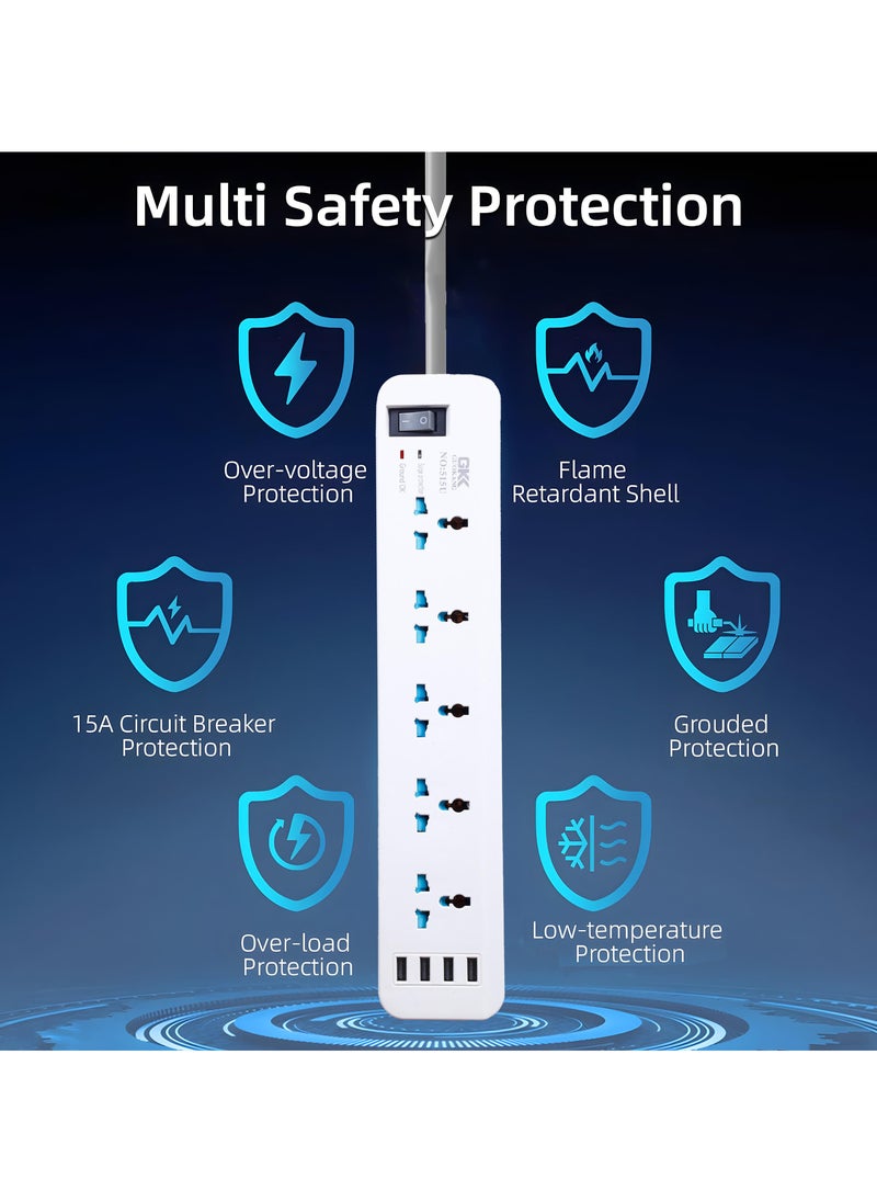 GKK Universal Extension Lead Power Socket with 5 outlets and 4 USB Ports Universal Charging Socket with 2M Bold Extension Cord Charging Station for Home Office Individually Switched  - Image 3
