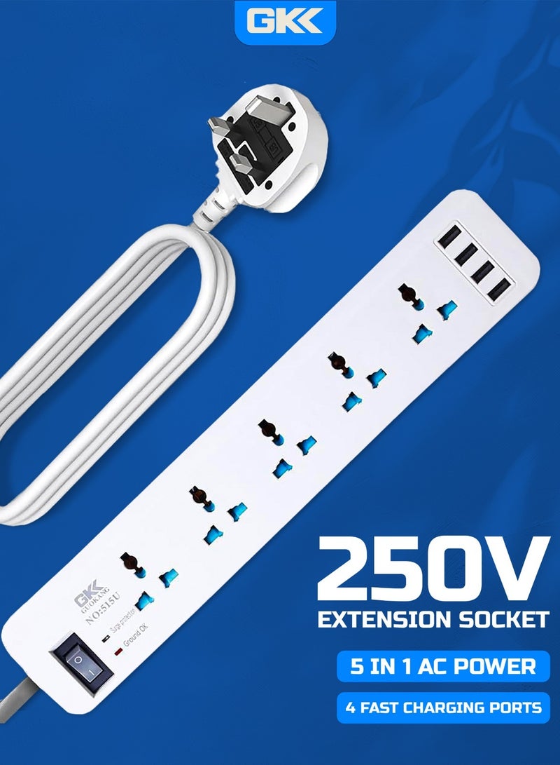 GKK 2M Power Extension Cord 5 Universal Outlets 4 USB Ports Electrical Strip UK Plug 2 Meters Cable 250V 2500W Surge Protector - Image 1