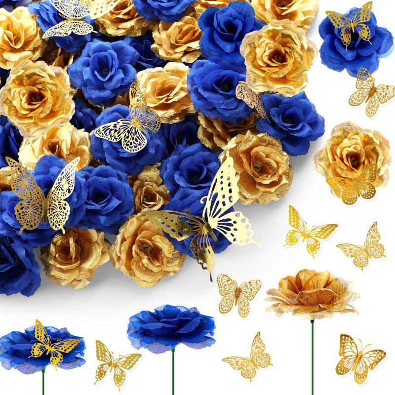 Solsew 296 Pcs Faux Roses with Stem and 3D Butterfly Decorations Artificial Roses Bouquet Artificial Flowers Bulk Stemless Fake Silk Roses for Wedding Party Baby Shower DIY Home Decor (Blue, Gold) - Image 1