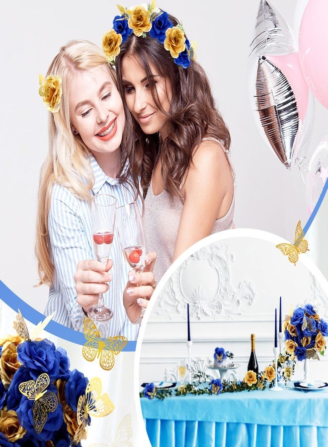Solsew 296 Pcs Faux Roses with Stem and 3D Butterfly Decorations Artificial Roses Bouquet Artificial Flowers Bulk Stemless Fake Silk Roses for Wedding Party Baby Shower DIY Home Decor (Blue, Gold) - Image 5