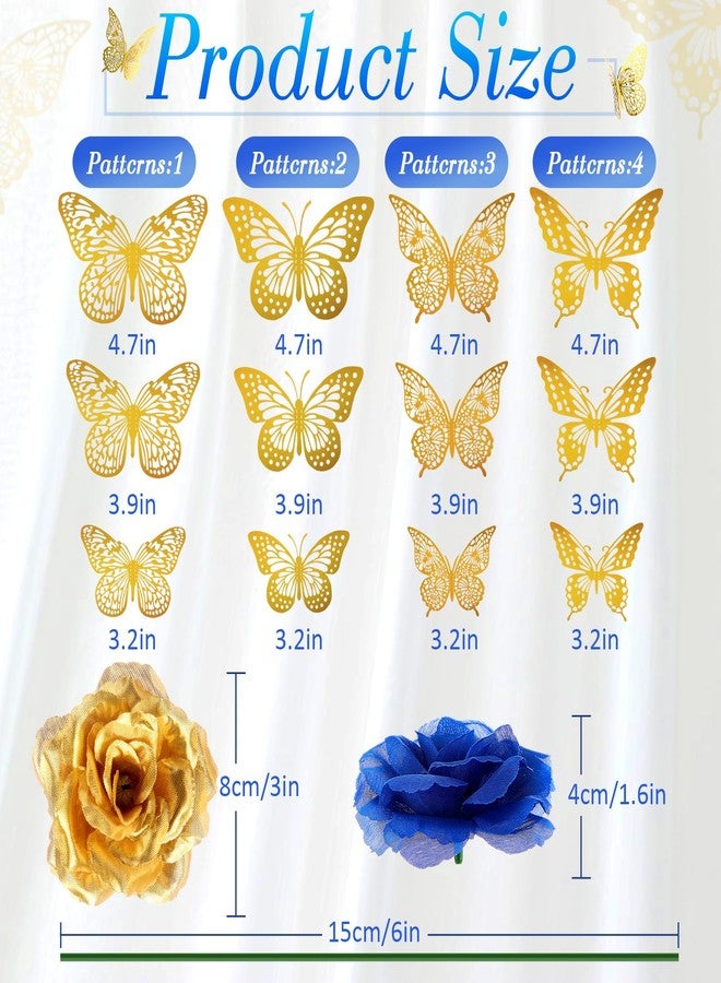 Solsew 296 Pcs Faux Roses with Stem and 3D Butterfly Decorations Artificial Roses Bouquet Artificial Flowers Bulk Stemless Fake Silk Roses for Wedding Party Baby Shower DIY Home Decor (Blue, Gold) - Image 2