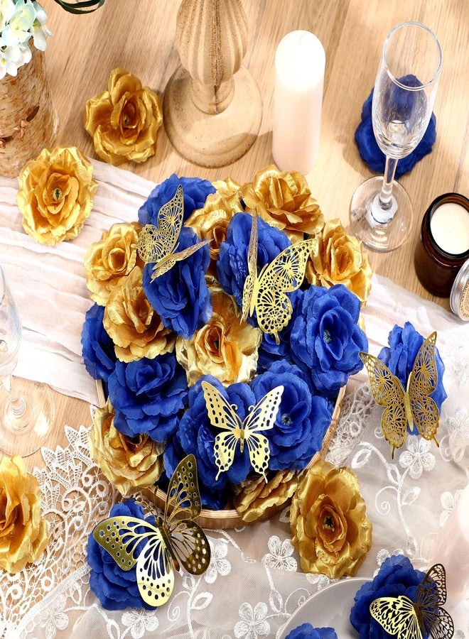 Solsew 296 Pcs Faux Roses with Stem and 3D Butterfly Decorations Artificial Roses Bouquet Artificial Flowers Bulk Stemless Fake Silk Roses for Wedding Party Baby Shower DIY Home Decor (Blue, Gold) - Image 3