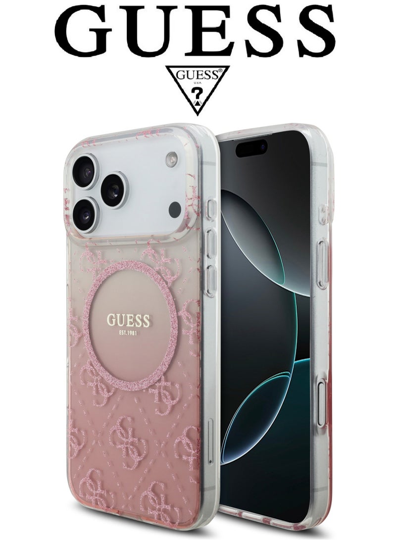CG MOBILE iPhone 17 Pro silicone phone case in a stylish gradient Pink and transparent design with a premium texture. iPhone 17 Pro case supports MagSafe wireless charging. iphone 17 pro back cover with back protection against impacts.  French-designed, elegant iphone 17 pro cover, certified in partnership with GUESS and CG MOBILE. Pink phone case. - Image 1