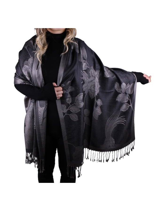 TZ Promise Women Soft Silky Pashmina Reversible Floral Rose Shawl Wrap Scarf w/Fringes (Black-Grey) - Image 1