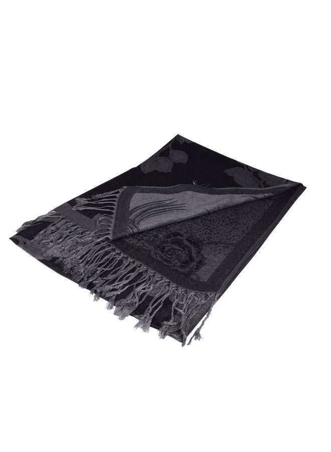 TZ Promise Women Soft Silky Pashmina Reversible Floral Rose Shawl Wrap Scarf w/Fringes (Black-Grey) - Image 2