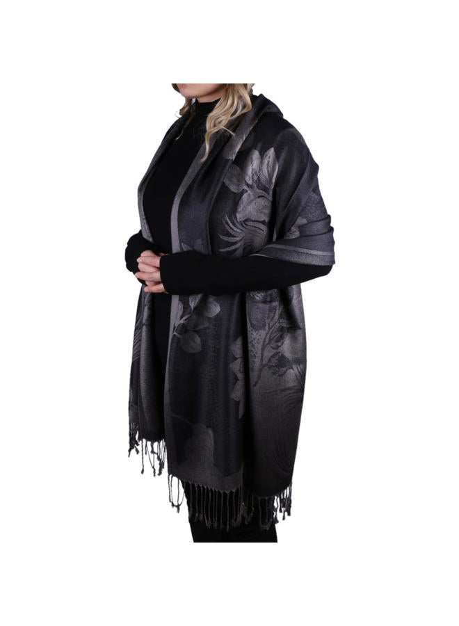 TZ Promise Women Soft Silky Pashmina Reversible Floral Rose Shawl Wrap Scarf w/Fringes (Black-Grey) - Image 4