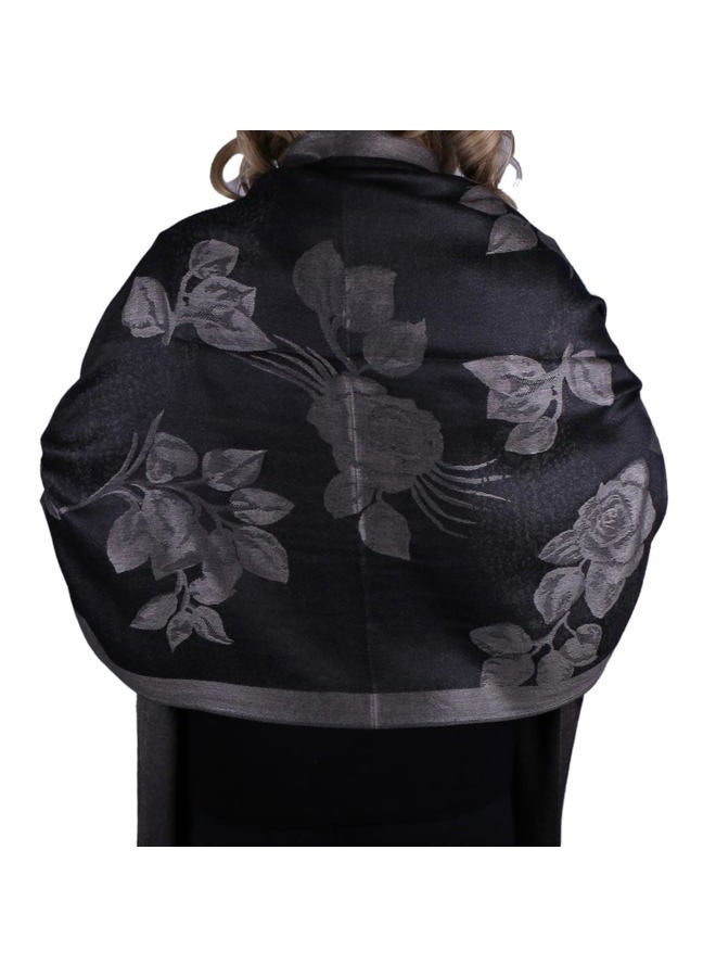 TZ Promise Women Soft Silky Pashmina Reversible Floral Rose Shawl Wrap Scarf w/Fringes (Black-Grey) - Image 5