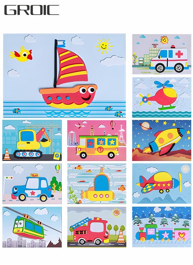 GROIC 12pcs 3D EVA Foam Stickers Puzzle Game DIY Stickers Art Toy Handmade Transportation Theme Craft Kits for Kids Learning Education Toys  - Image 1