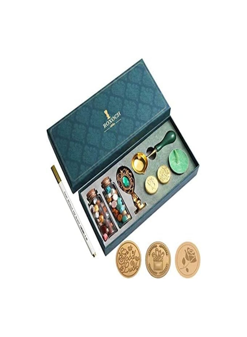 سمارت مجموعة أختام الشمع ، خرز شمع مانعة للتسرب ، 3 رؤوس طوابع من الشمع  بمقبض قديم ، ملعقة تذويب الشمع ، شموع الشاي ، أقلام ختم الشمع للمغلفات رسائل دعوات الزفاف بطاقات المعايدة - Image 1