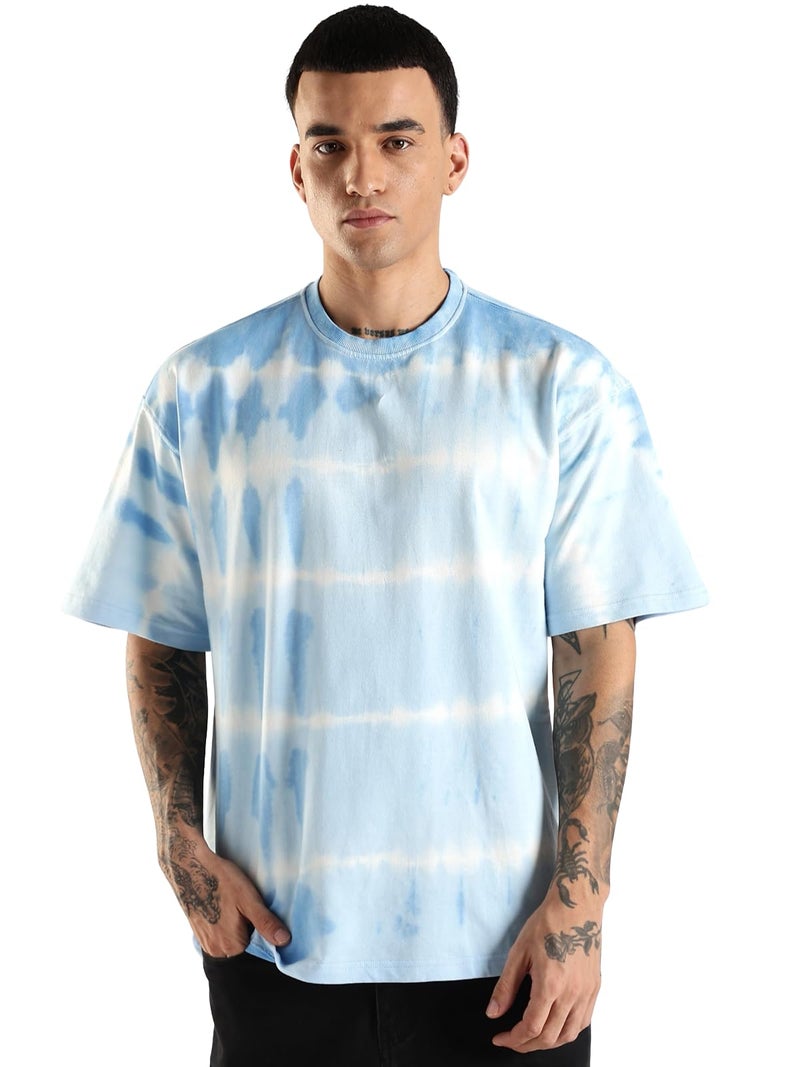 ADRO Trendy Oversized Baggy Fit Drop Shoulder Tshirt in Tie & Dye Style | French Terry Cotton Heavy Fabric Crew Neck T Shirt for Men | TDOS-SKWH-M SkyBlue, White - Image 1