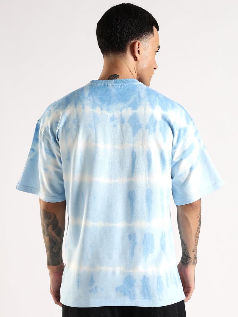 ADRO Trendy Oversized Baggy Fit Drop Shoulder Tshirt in Tie & Dye Style | French Terry Cotton Heavy Fabric Crew Neck T Shirt for Men | TDOS-SKWH-M SkyBlue, White - Image 3
