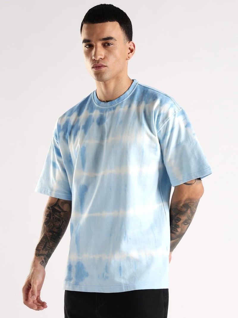 ADRO Trendy Oversized Baggy Fit Drop Shoulder Tshirt in Tie & Dye Style | French Terry Cotton Heavy Fabric Crew Neck T Shirt for Men | TDOS-SKWH-M SkyBlue, White - Image 4