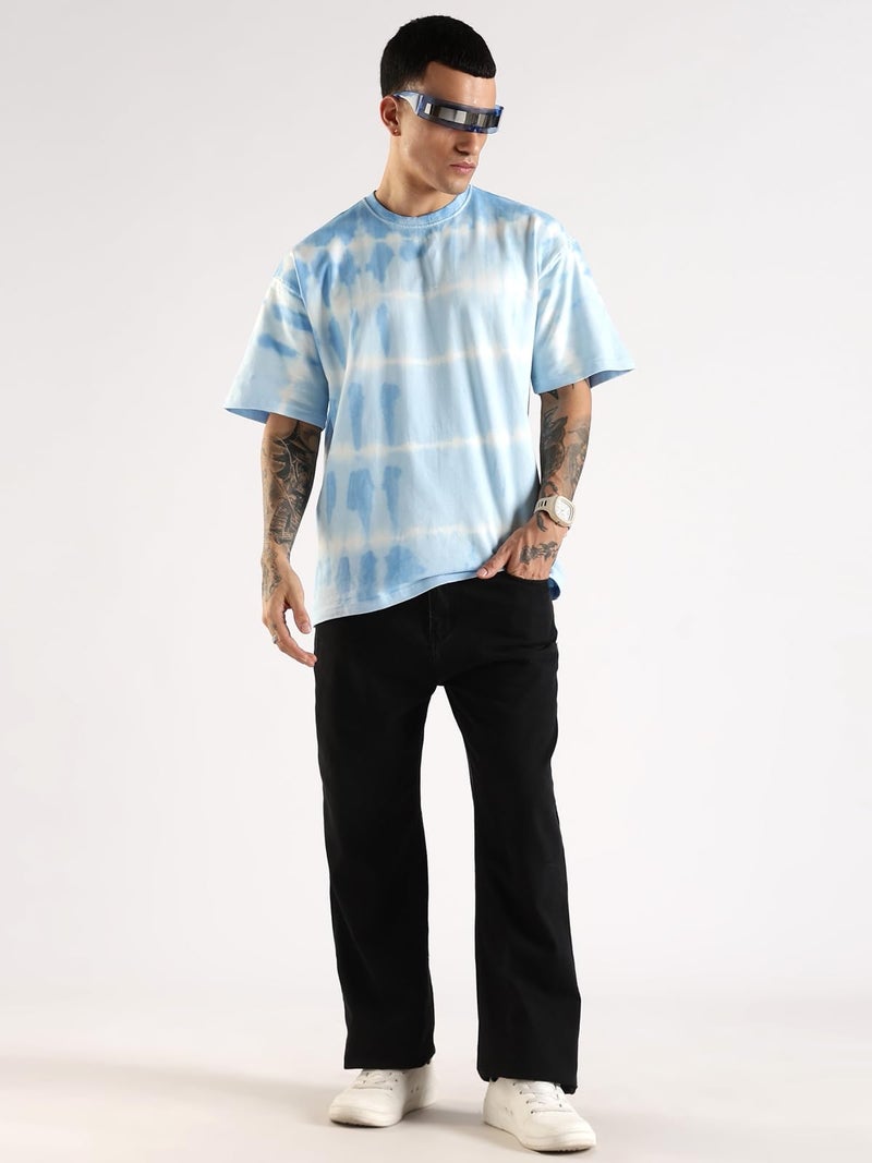 ADRO Trendy Oversized Baggy Fit Drop Shoulder Tshirt in Tie & Dye Style | French Terry Cotton Heavy Fabric Crew Neck T Shirt for Men | TDOS-SKWH-M SkyBlue, White - Image 5