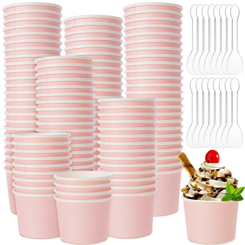 100 Pieces 8 oz Ice Cream Cups with 100 Pieces Spoons Ice Cream Containers Solid Color Disposable Sundae Cups Yogurt Dessert Bowls Party Supplies for Baby Shower Birthday Party Pink