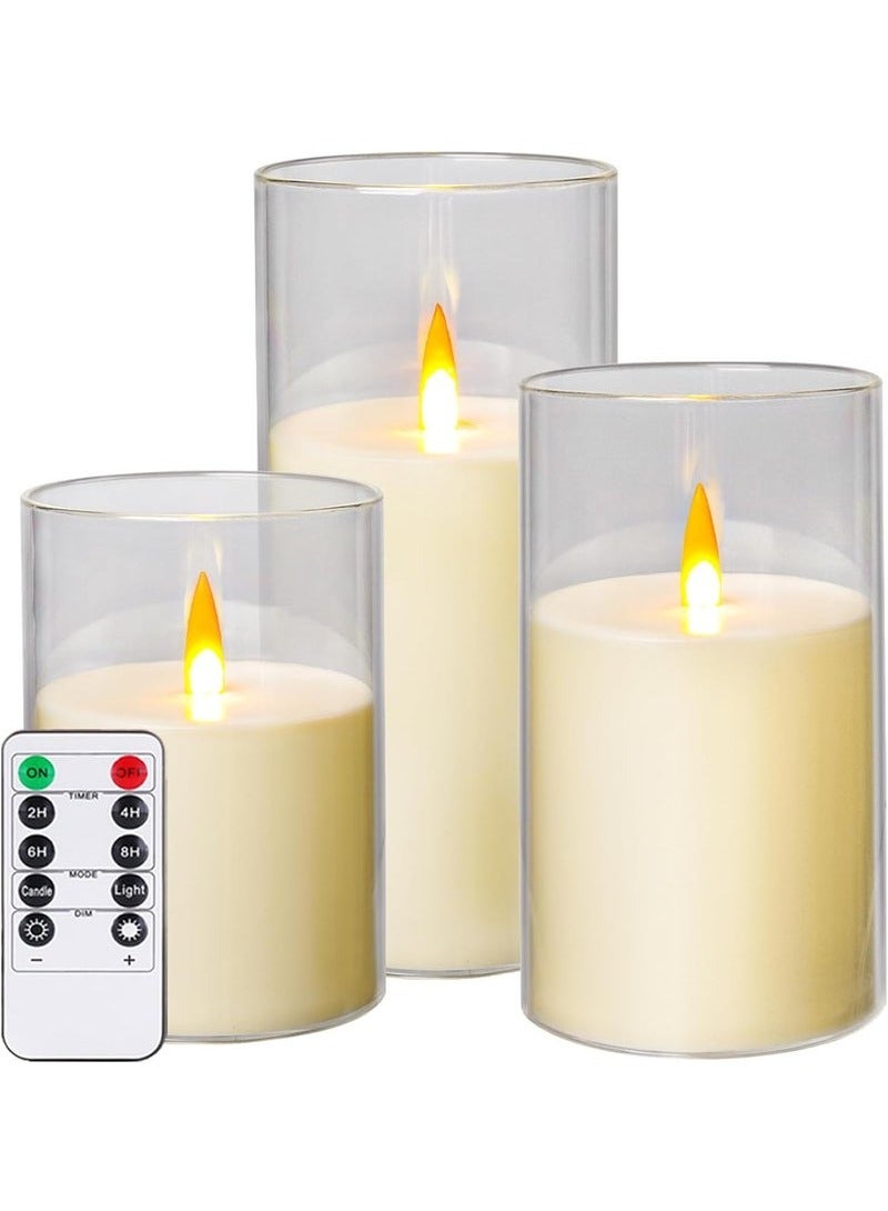 JAJEEK Flameless LED Candles with Remote Control and Timer – Set of 3 Acrylic Battery-Powered Pillar Candles with Indestructible 3D Wick for Romantic Ambiance – Ivory - Image 1