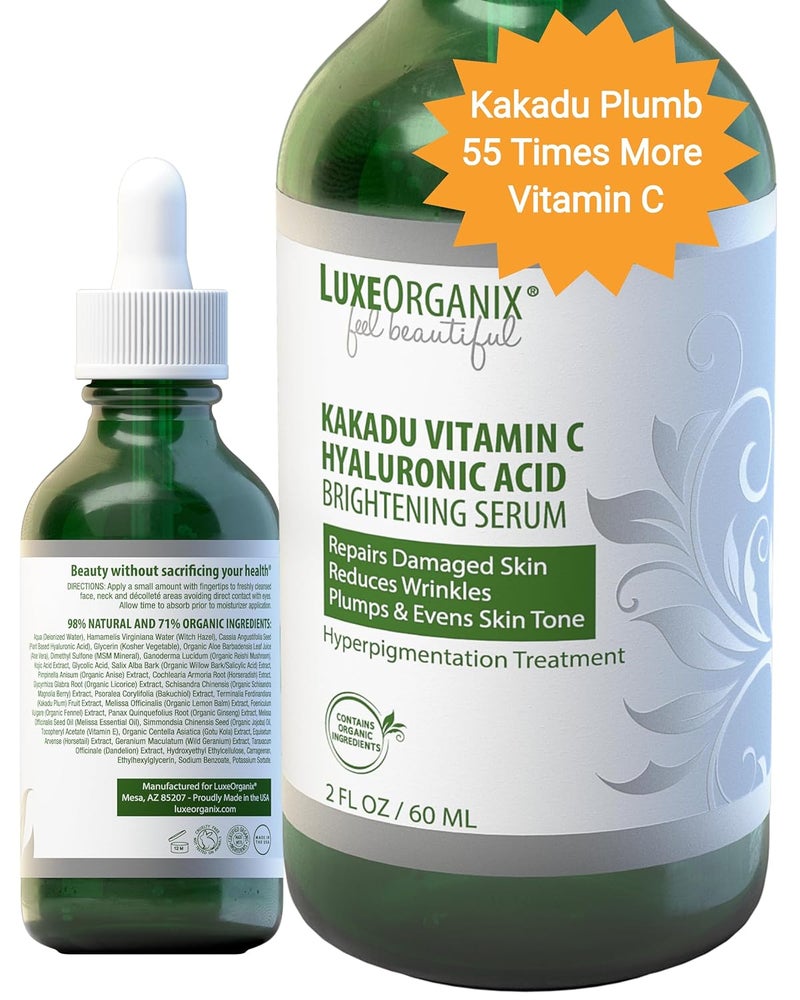 LuxeOrganix Vitamin C Serum For Face With Hyaluronic Acid Brightening Treatment  Dark Spot Remover For Face Reduces Blemishes  Wrinkles 2oz 