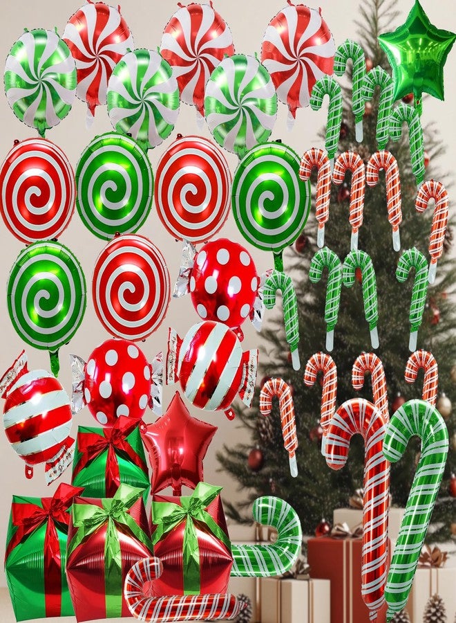 Nerien Christmas Candy Cane Balloons Decorations - 42 Pcs Candy Cane Foil Balloons with Tape, Mylar Sweet Round Christmas in July Balloon for Party Birthday Wedding, Red Green Xmas Theme Party Decorations - Image 1