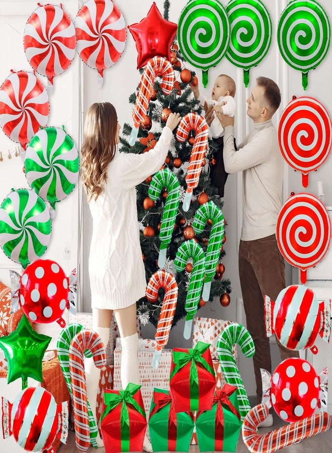Nerien Christmas Candy Cane Balloons Decorations - 42 Pcs Candy Cane Foil Balloons with Tape, Mylar Sweet Round Christmas in July Balloon for Party Birthday Wedding, Red Green Xmas Theme Party Decorations - Image 4