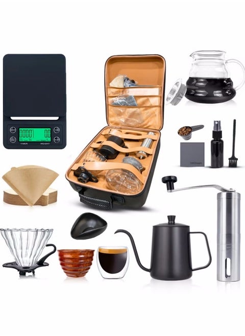 مجموعة V60 المكونة من 14 قطعة من أدوات تقطير القهوة مع حقيبة أدوات، وعاء تقطير، فلتر قهوة، مطحنة قهوة، قمع تقطير، صينية وزن حبوب القهوة