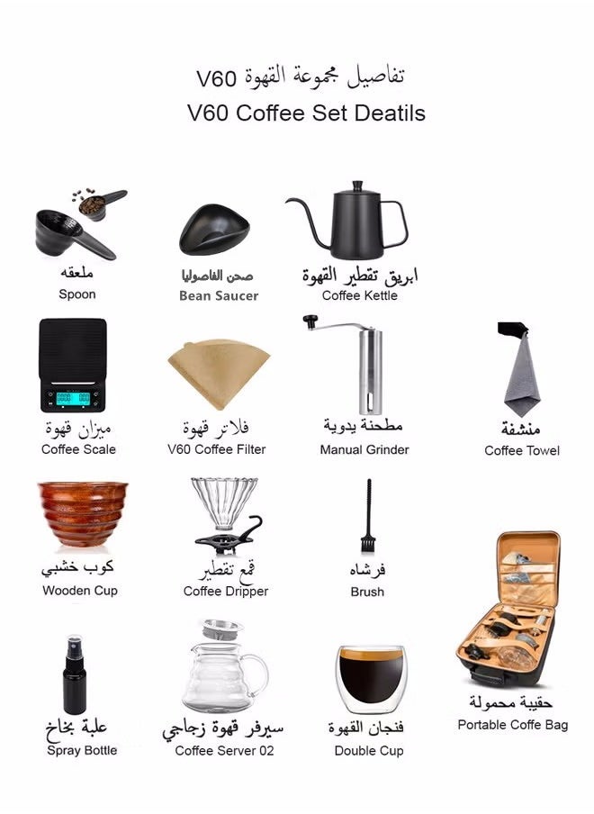 هيكسدريم - مجموعة V60 المكونة من 14 قطعة من أدوات تقطير القهوة مع حقيبة أدوات، وعاء تقطير، فلتر قهوة، مطحنة قهوة، قمع تقطير، صينية وزن حبوب القهوة - Image 1