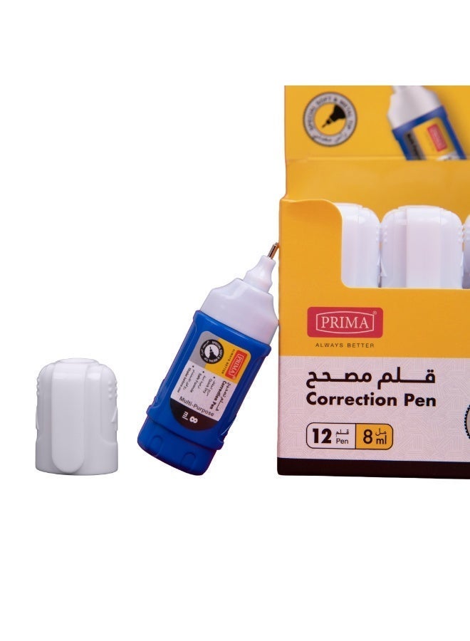 بريما قلم مصحح أبيض 8 مل | رأس إبرة معدني للدقة الفائقة، سائل سريع الجفاف للكتابة الفورية، أسطوانة ضغط وتوزيع متحكم، علبة 12 قلم للمكتب والمدرسة والفن - Image 1