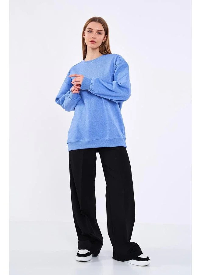 Blue Women's Cotton Oversized Basic Crew Neck Sweatshirt