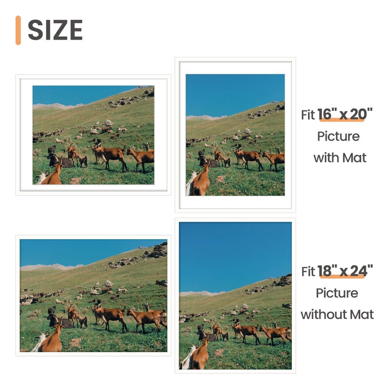 upsimples 18x24 Picture Frame, Display Pictures 16x20 with Mat or 18 x 24 Without, Wall Hanging Poster Frames, White, 1 Pack - Image 3